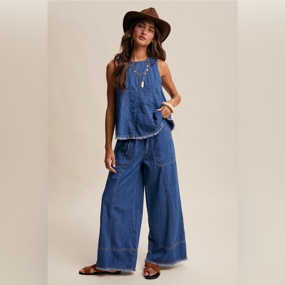 Listicle Pants - Listicle Lg Blue Denim Wide-Leg Jumpsuit Romper